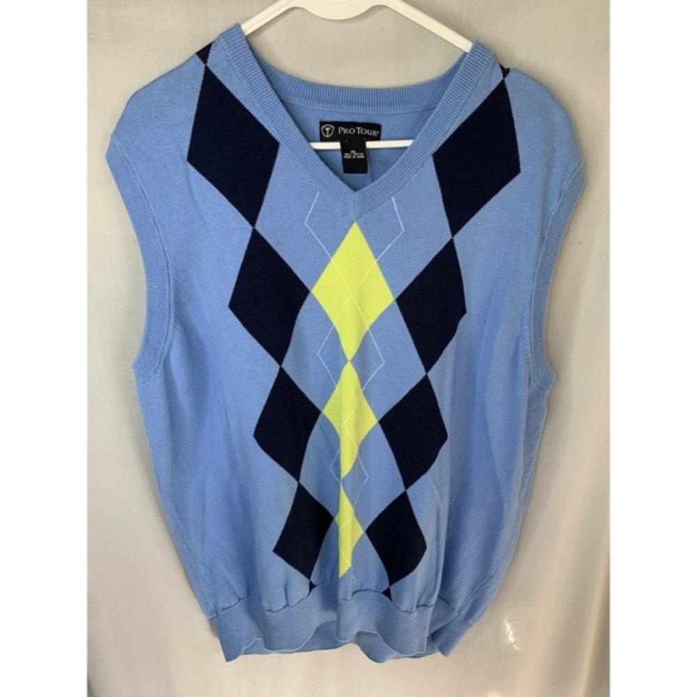 Mens XL Cotton‎ Pro Tour Argyle Blue Pullover Sweater Golf
